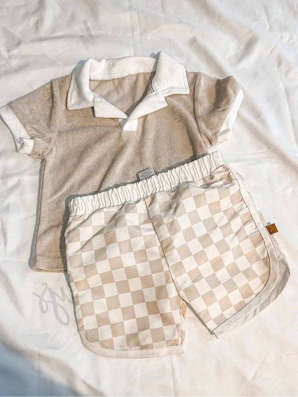 Lila & Jack Beige Terry Polo & Checkered Swim Shorts Set Neutral Two-Piece 2T